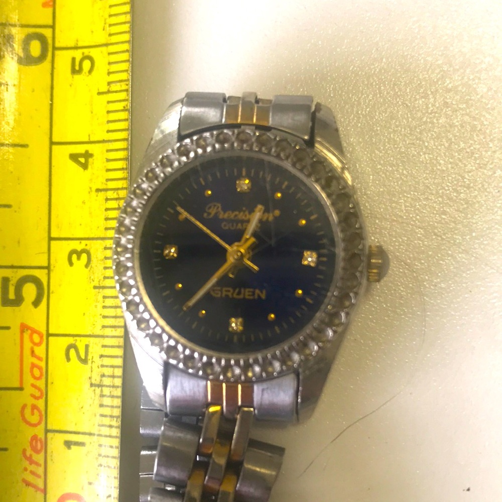 Vintage Precision Quartz Gruen Navy/Silver/Gold Tones Wristwatch